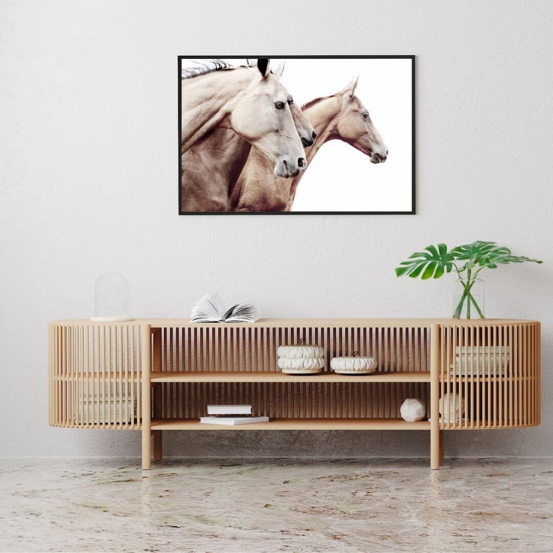 The brown 3 Palomino Horses Wall Art Photo Print Framed in black without a white border by Beautiful Home Decor for above a Console table