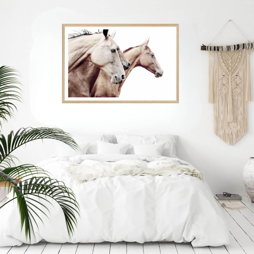 The tan brown 3 Palomino Horses Wall Art Photo Print Artwork framed in timber by Beautiful Home Decor for your bedroom wall.