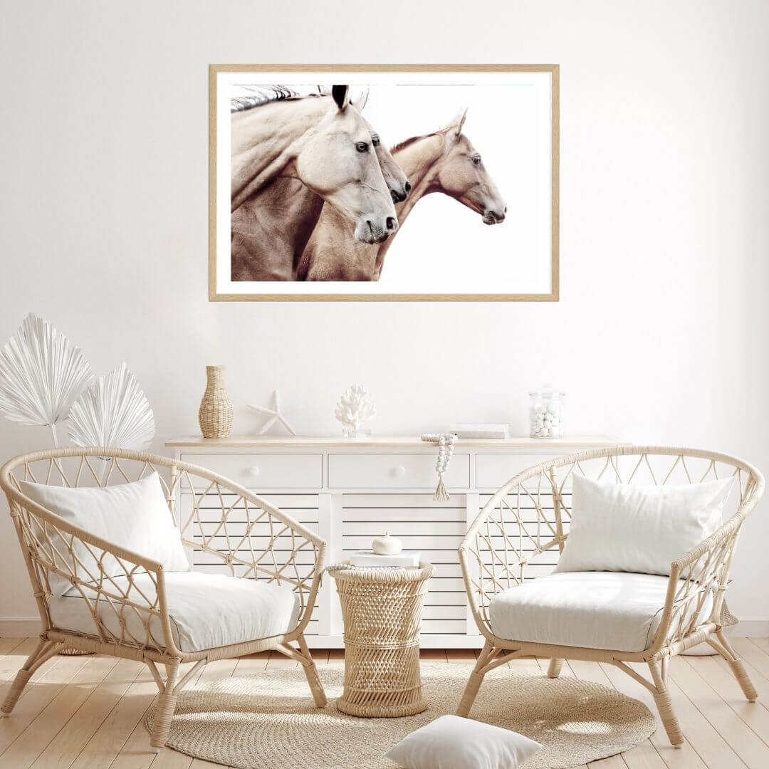A brown tan 3 Palomino Horses Wall Art Photo Print with a timber framed to decorate your living room wall by Beautiful Home Decor.