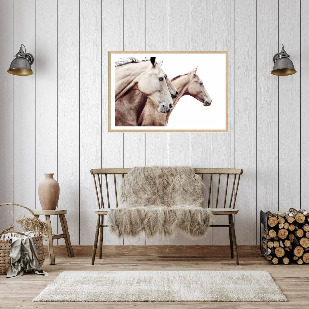 The 3 Palomino Horses Wall Art Photo Print in a timber framed in your hallway made by Beautiful Home Décor in Horses Prints