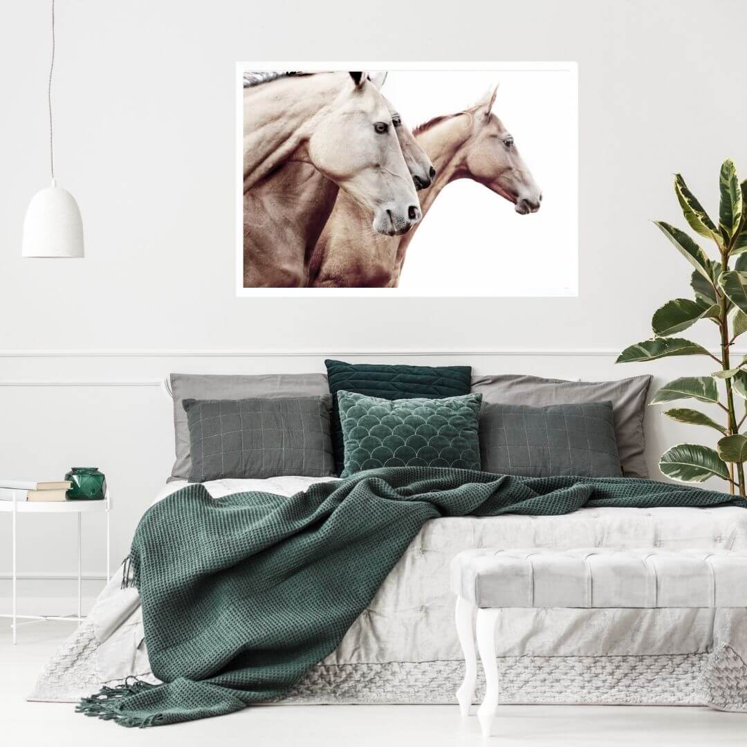 A tan brown 3 Palomino Horses Wall Art Print Picture Artwork with a white framed by Beautiful Home Decor to style your Bedroom.