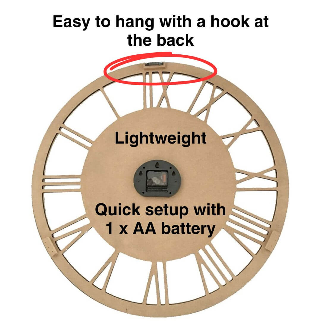 A big 60cm Carved Industro Hamptons Wall Clock with a white handcarved clock face and black roman numerals back view