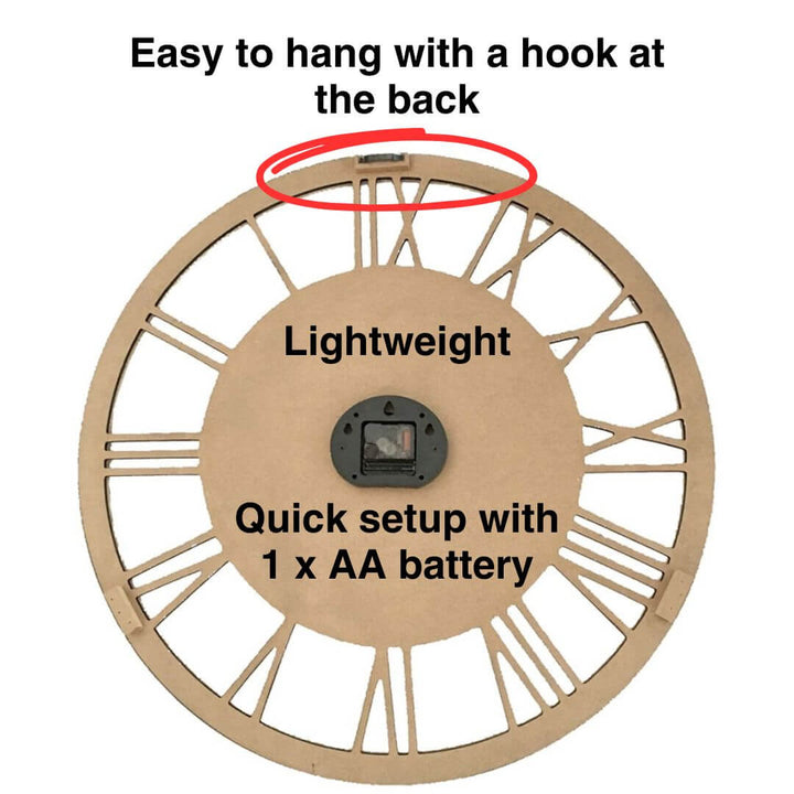 A big 60cm Carved Industro Hamptons Wall Clock with a white handcarved clock face and black roman numerals back view