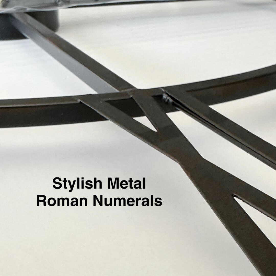 Metallic Roman numeral clock face with 'Stylish Metal Roman Numerals' text.