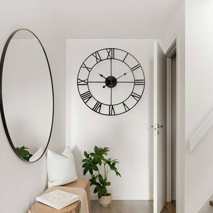 80cm oversized black metal wall clock adding bold style to hallway