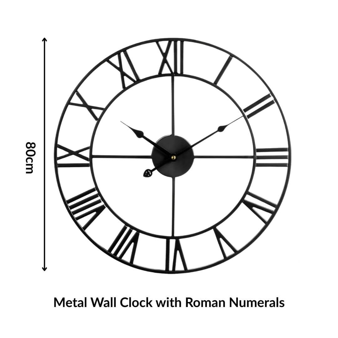 80cm large black metal wall clock with Roman numerals size