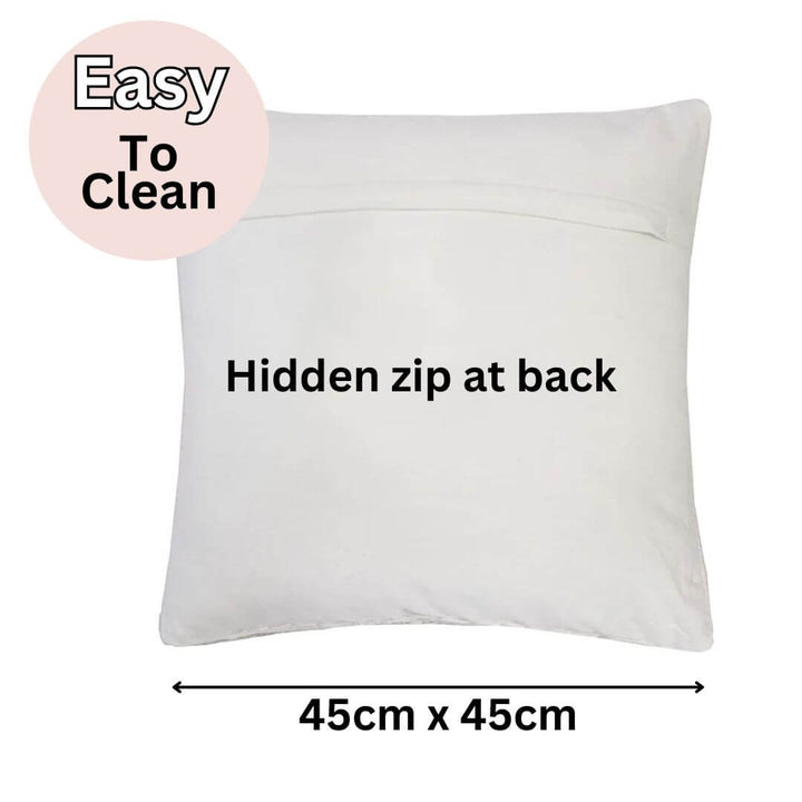 The 45cm Anka Ivory Macrame Cushion with a hand crafted diamond macrame pattern has a hidden zip at the back.