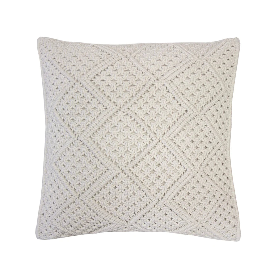 The Ivory 45cm Anka Square Cushion with a diamond macrame pattern.