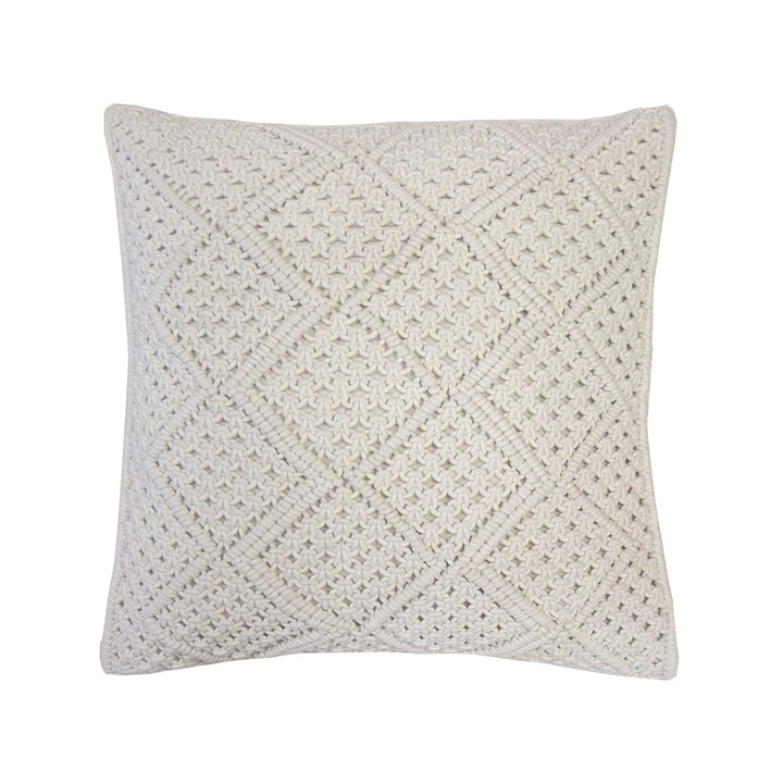 The 45cm Anka Ivory Macrame Cushion with a diamond pattern.