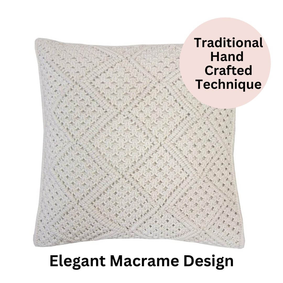 The Ivory 45cm Anka Square Cushion with an elegant diamond macrame pattern.