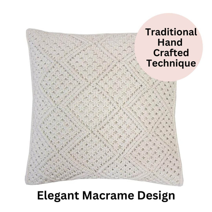 The Anka Ivory Macrame Cushion 45cm  with an elegant diamond macrame pattern.