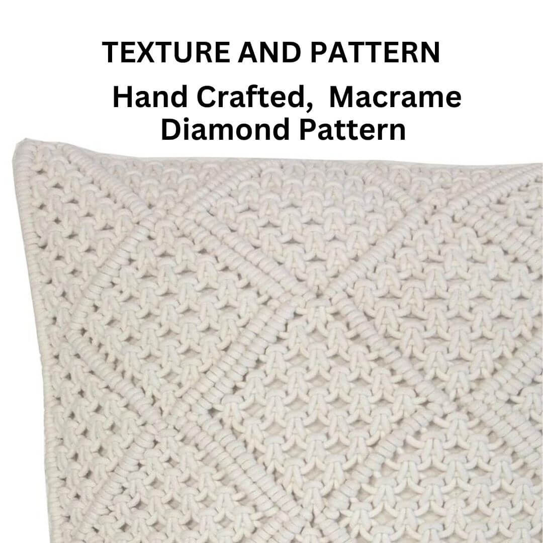 The 45cm Anka Ivory Macrame Cushion with a hand crafted diamond macrame pattern.