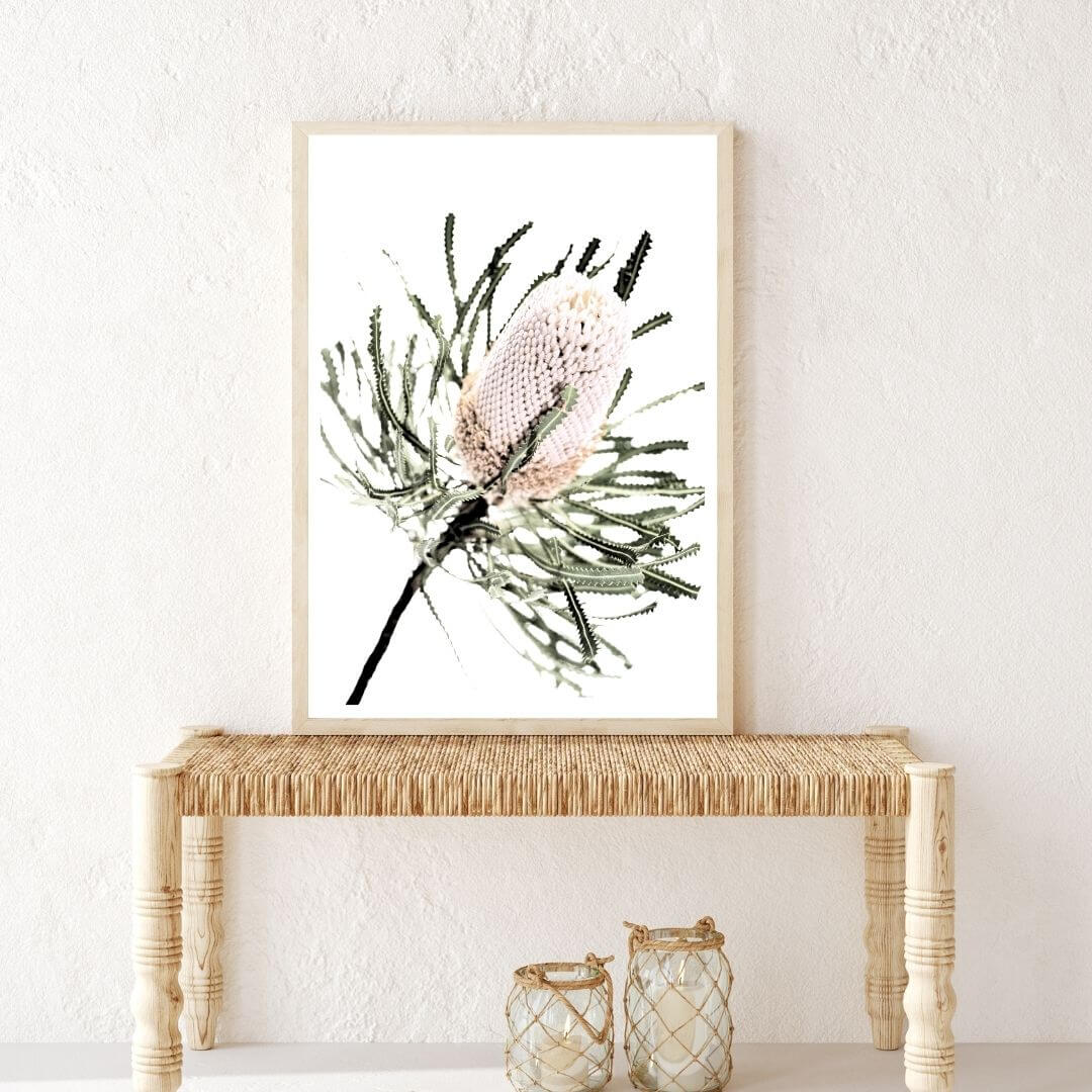 A wall art photo print of an Australian Native Banksia Floral A with a timber frame or unframed in a hallway entrance
