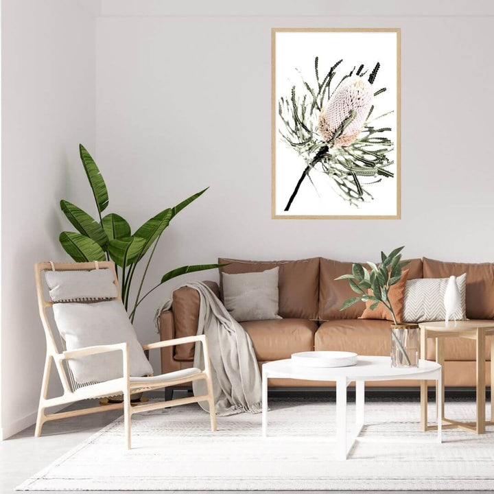 A wall art print of an Australian Native Banksia Flower A with a timber frame or unframed on a living room wall