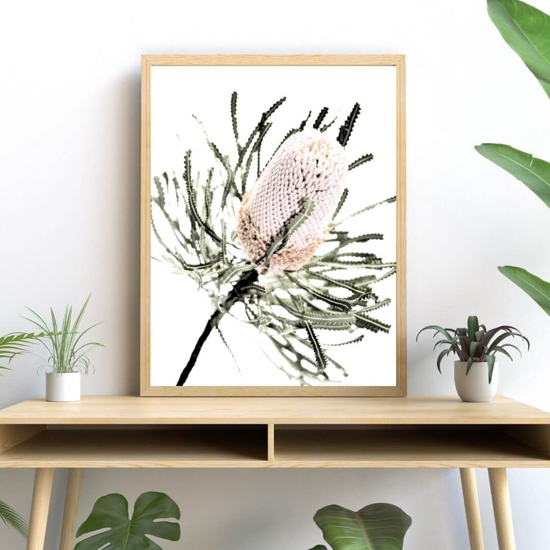 A wall art print of an Australian Native Banksia Floral A with a frame in timber or unframed in the hallway on a table