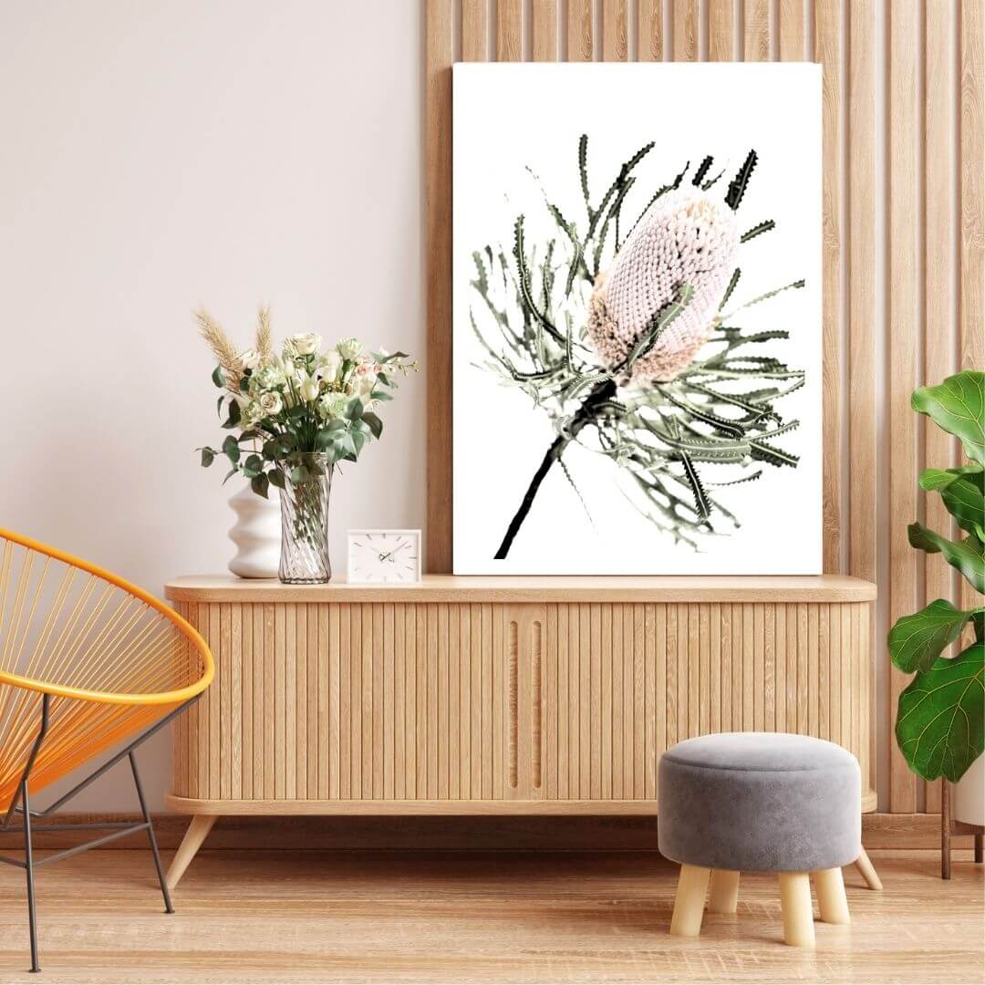 A wall art print of an Australian Native Banksia Floral A with a frame or unframed above a console table