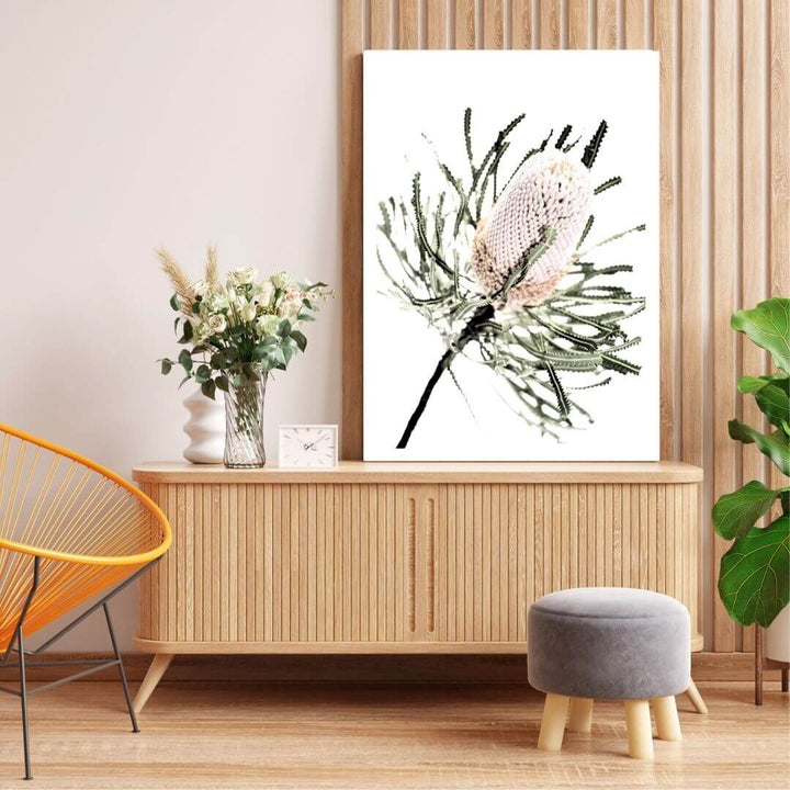 A wall art print of an Australian Native Banksia Floral A with a frame or unframed above a console table