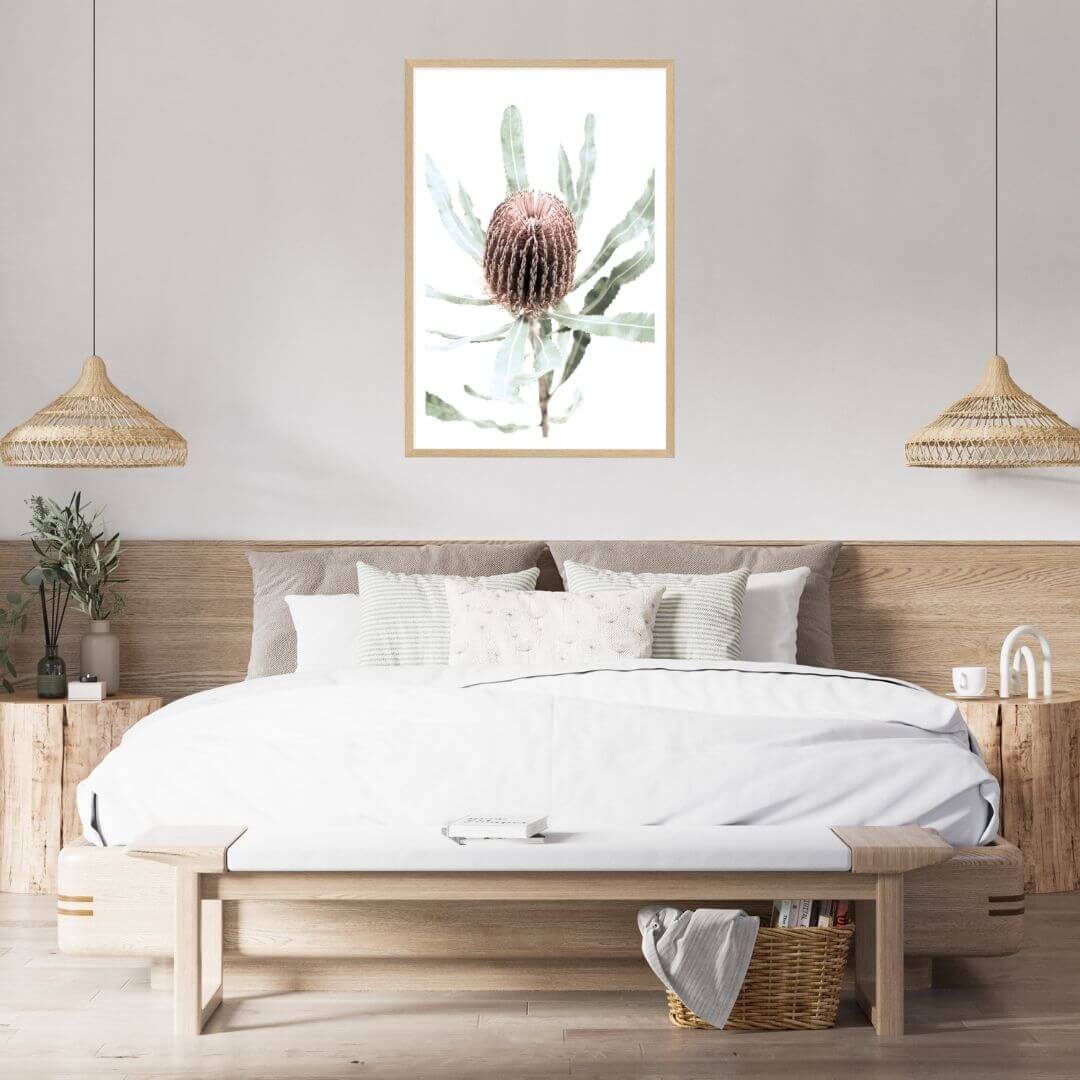 The wall art print of an Australian Native Banksia Floral B with a timber frame or unframed above a bed head wall in the bedroom