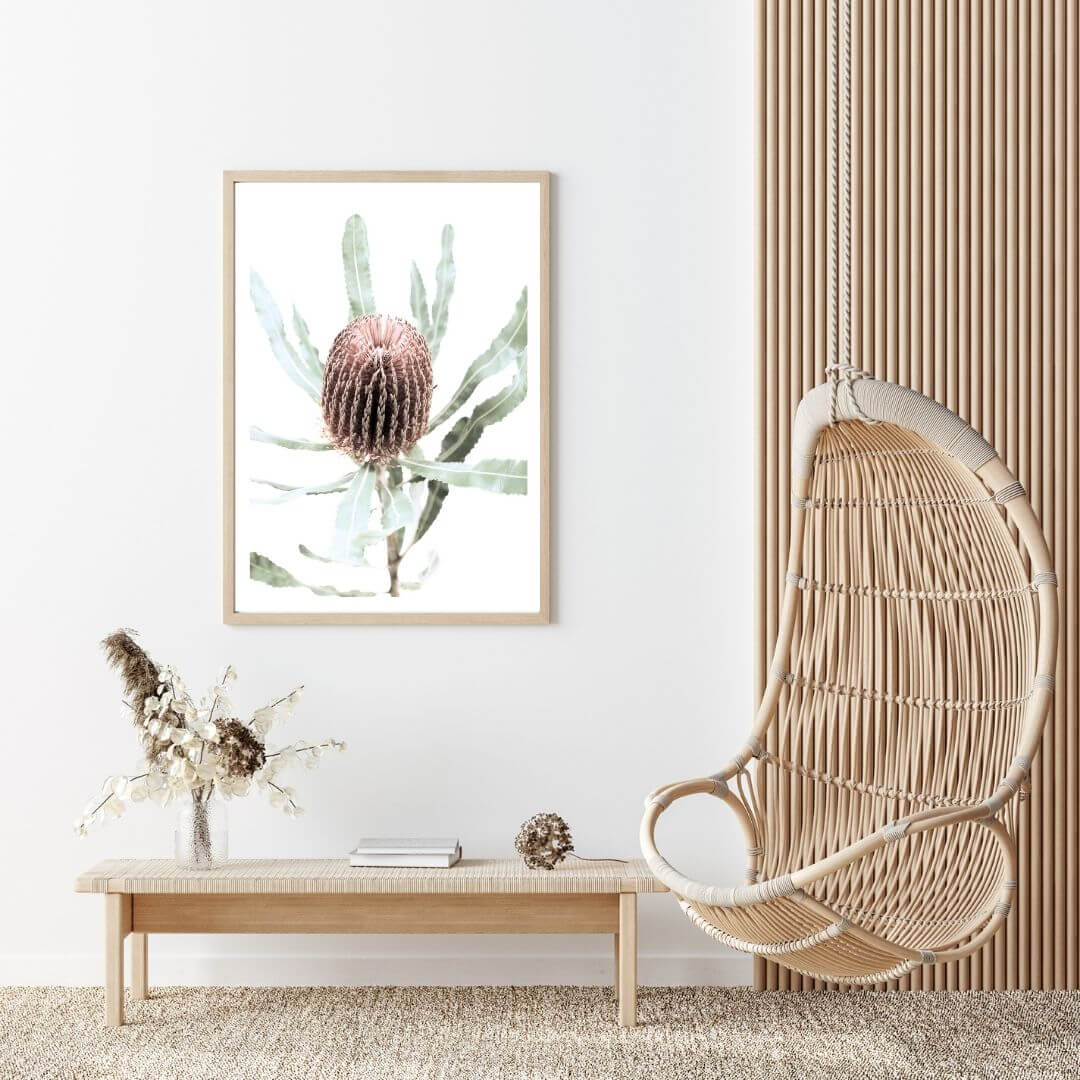 The wall art print of an Australian Native Banksia Flower B with a timber frame or unframed on a living room wall