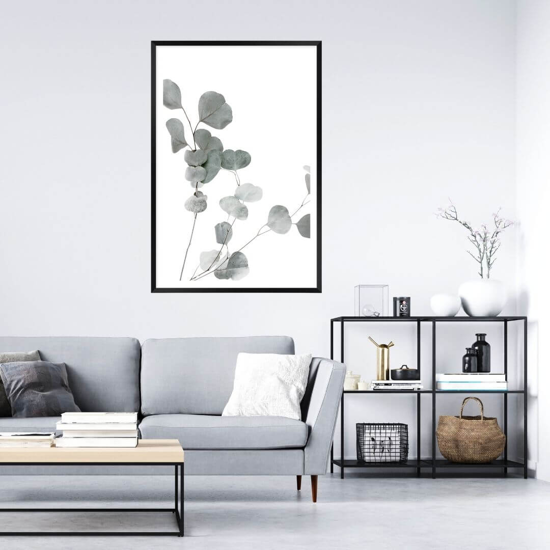 A wall art photo print of an Australian native eucalyptus leaves A with a black frame, no border on office study room wall