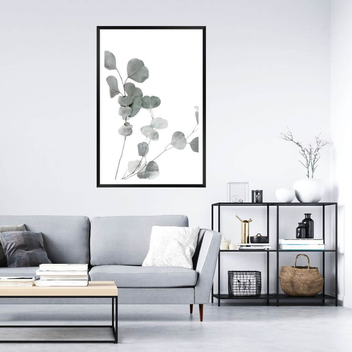 A wall art photo print of an Australian native eucalyptus leaves A with a black frame, no border on office study room wall