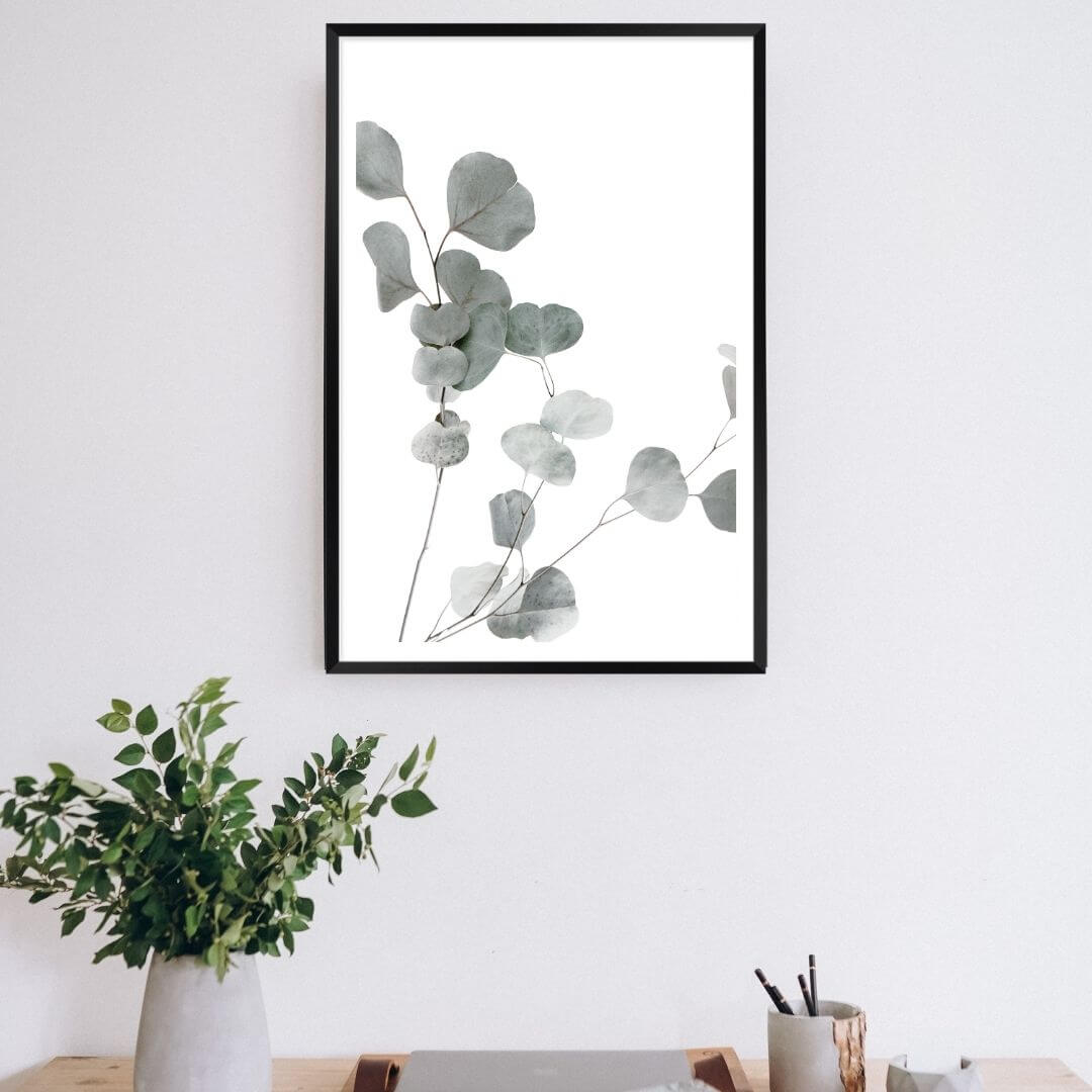 A small wall art photo print of an Australian native eucalyptus leaves A with a black frame or unframed to style shelves and empty walls