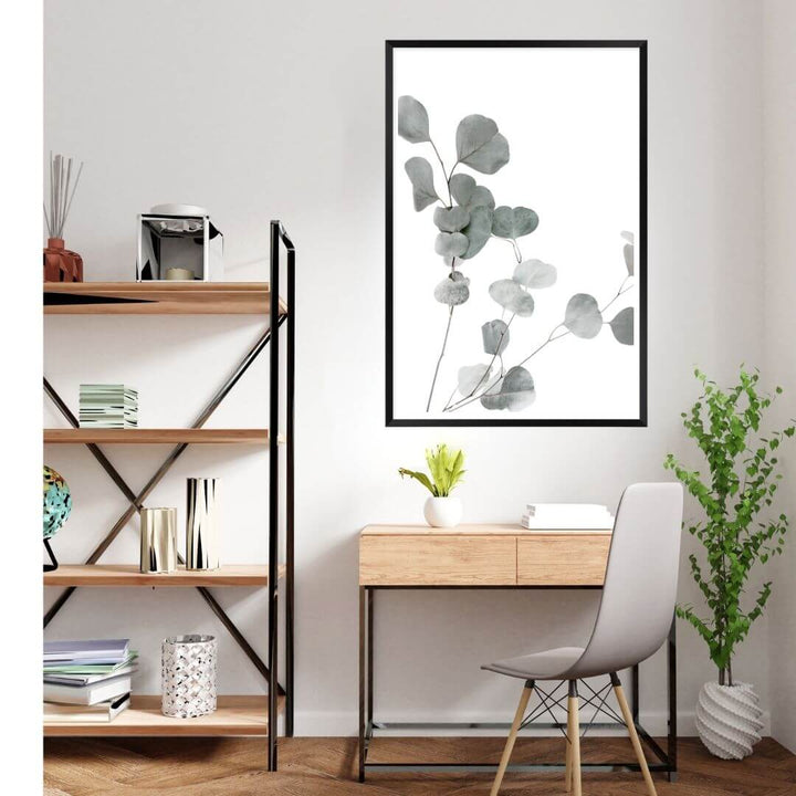 A wall art photo print of an Australian native eucalyptus leaves A with a black frame or unframed for your office study wall