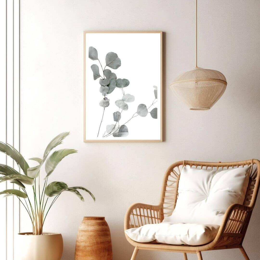 A wall art photo print of an Australian native eucalyptus leaves A with a timber frame or unframed to decorate walls in living room