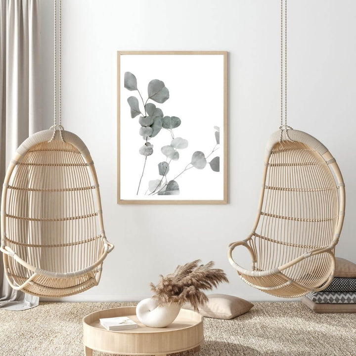A wall art photo print of an Australian native eucalyptus leaves A with a timber frame or unframed to decorate an empty wall