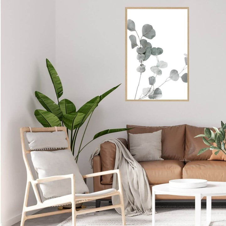 A wall art photo print of an Australian native eucalyptus leaves A with a timber frame or unframed for your living room empty walls