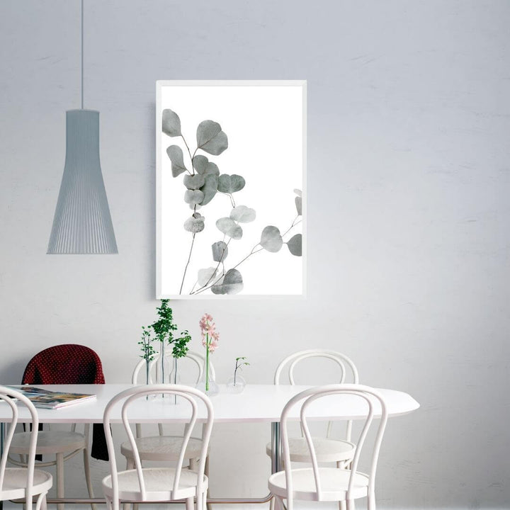 A botanicals wall art photo print of an Australian native eucalyptus leaves A with a white frame or unframed to style your dining room walls