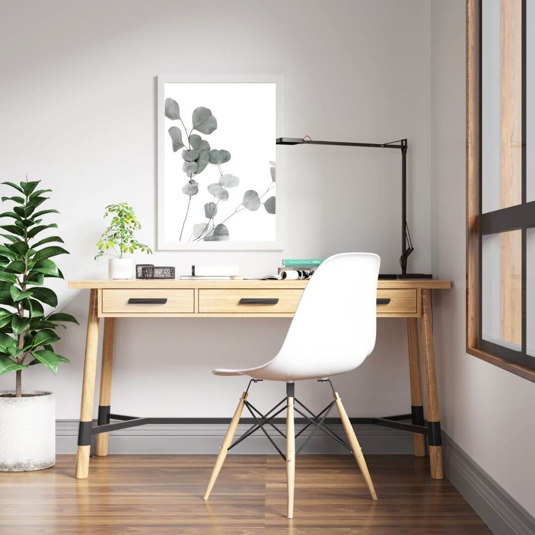 A wall art photo print of an Australian native eucalyptus leaves A with a white frame or unframed for the wall in a kids room