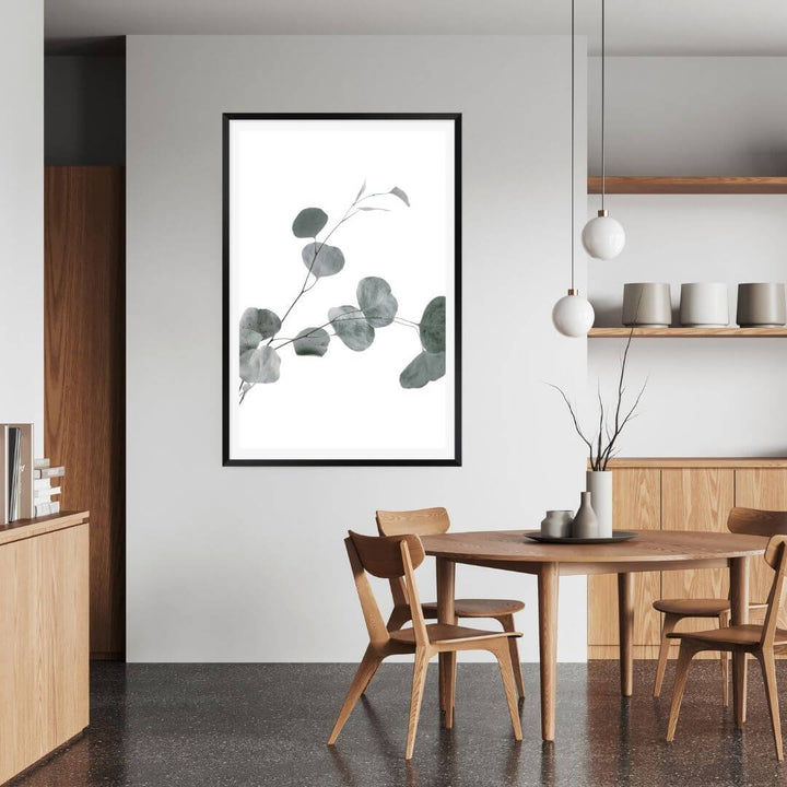 A wall art photo print of an Australian native eucalyptus leaves B with a black frame or unframed for your dining room