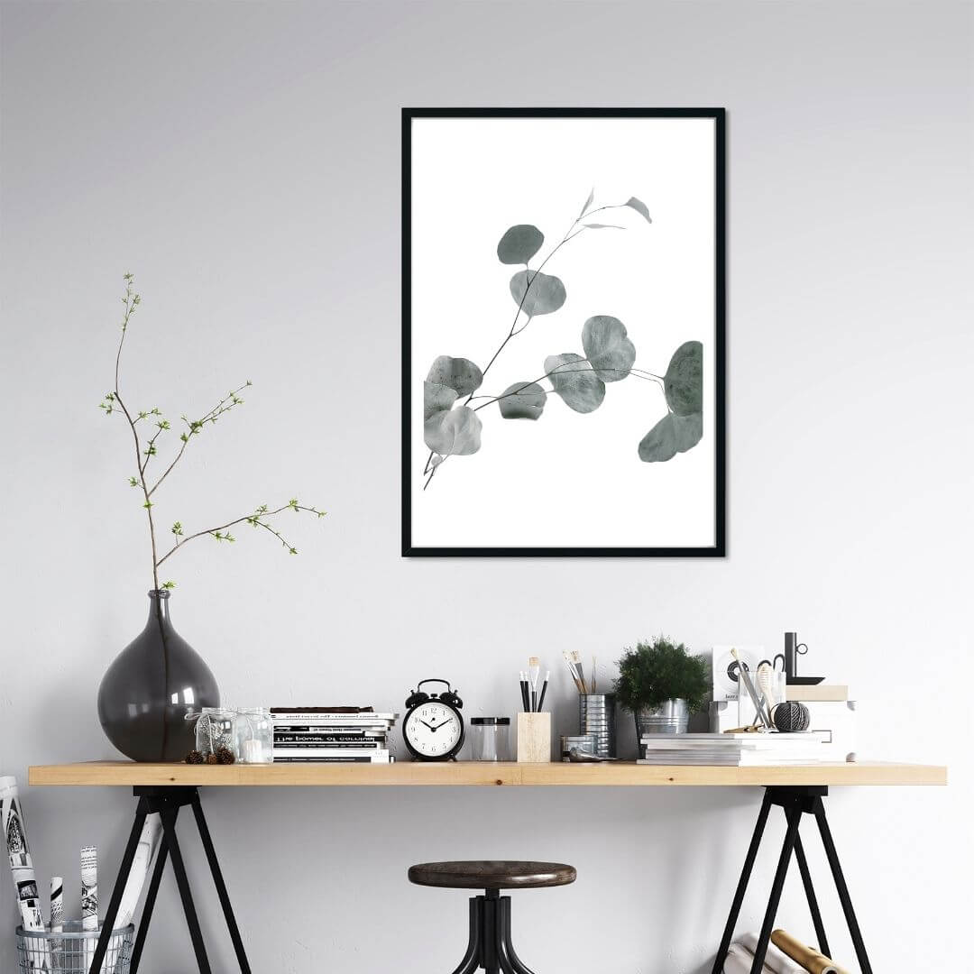 A wall art photo print of an Australian native eucalyptus leaves B with a black frame or unframed for your office study wall