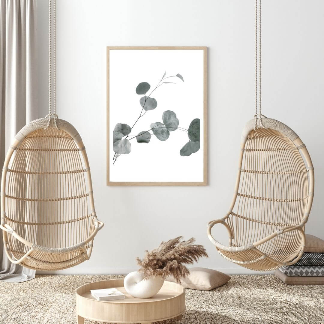 A wall art photo print of an Australian native eucalyptus leaves B with a timber frame or unframed to decorate walls in living room