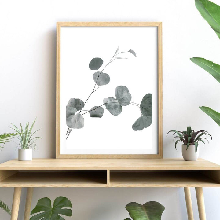A wall art photo print of an Australian native eucalyptus leaves B with a timber frame to decorate your console table