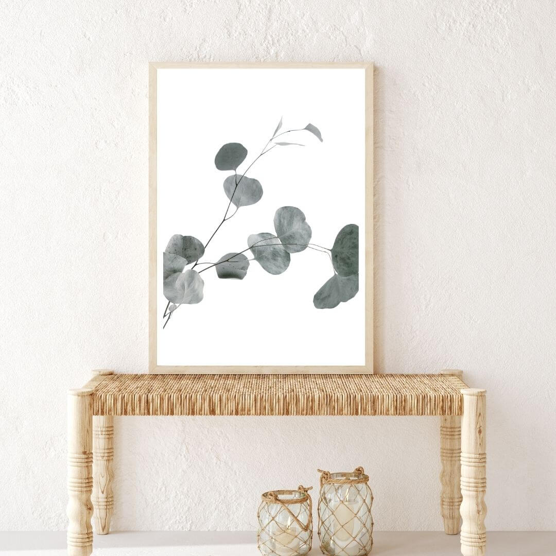 A wall art photo print of an Australian native eucalyptus leaves B with a timber frame in hallway shop online at Beautiful Home Decor with free shipping