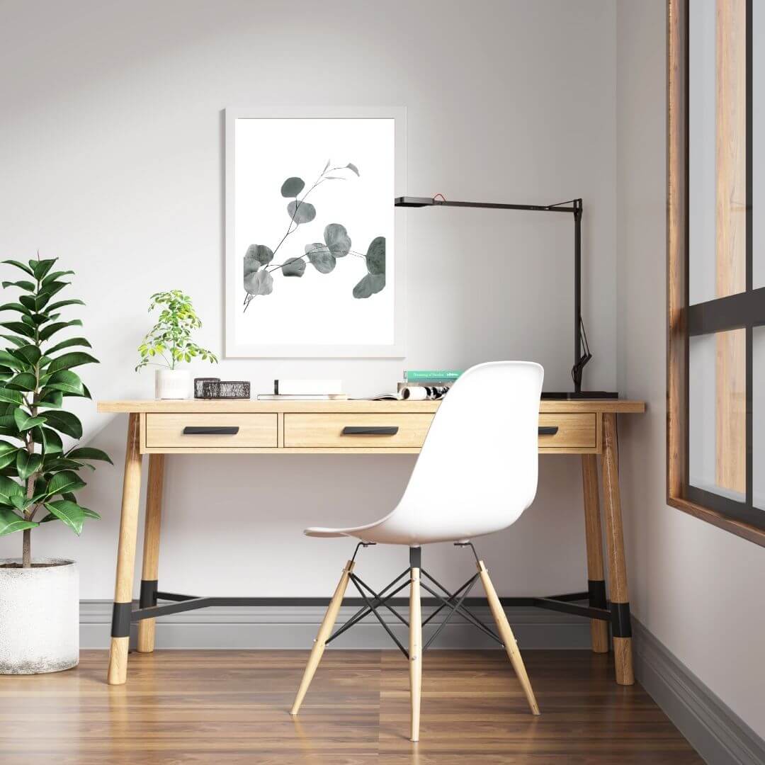 A wall art photo print of an Australian native eucalyptus leaves B with a white frame or unframed for the wall in a kids room