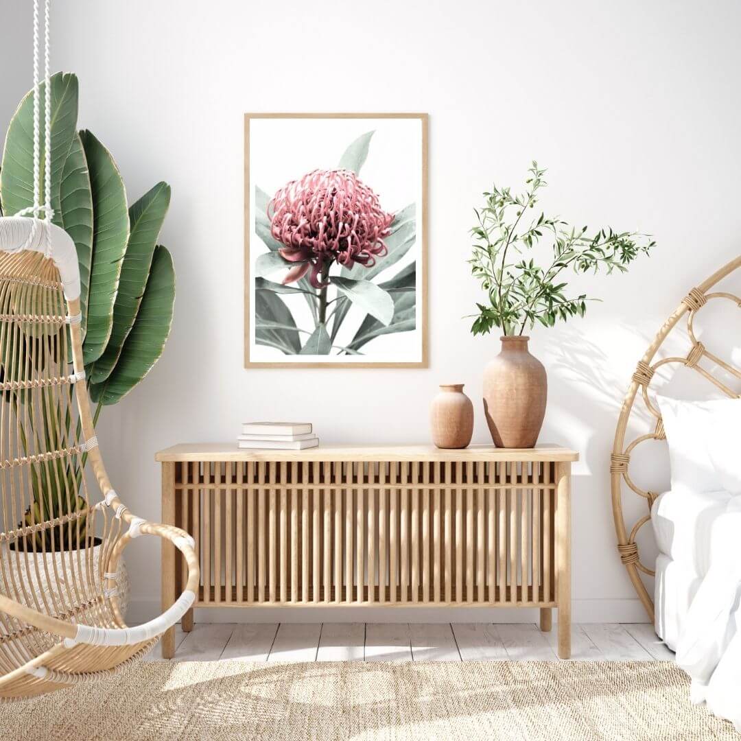 A wall art photo print of a red Australian native waratah flower A with a timber frame to decorate your bedroom by Beautiful Home Decor