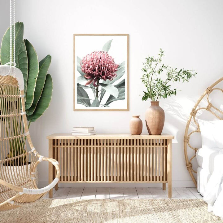 A wall art photo print of a red Australian native waratah flower A with a timber frame to decorate your bedroom by Beautiful Home Decor