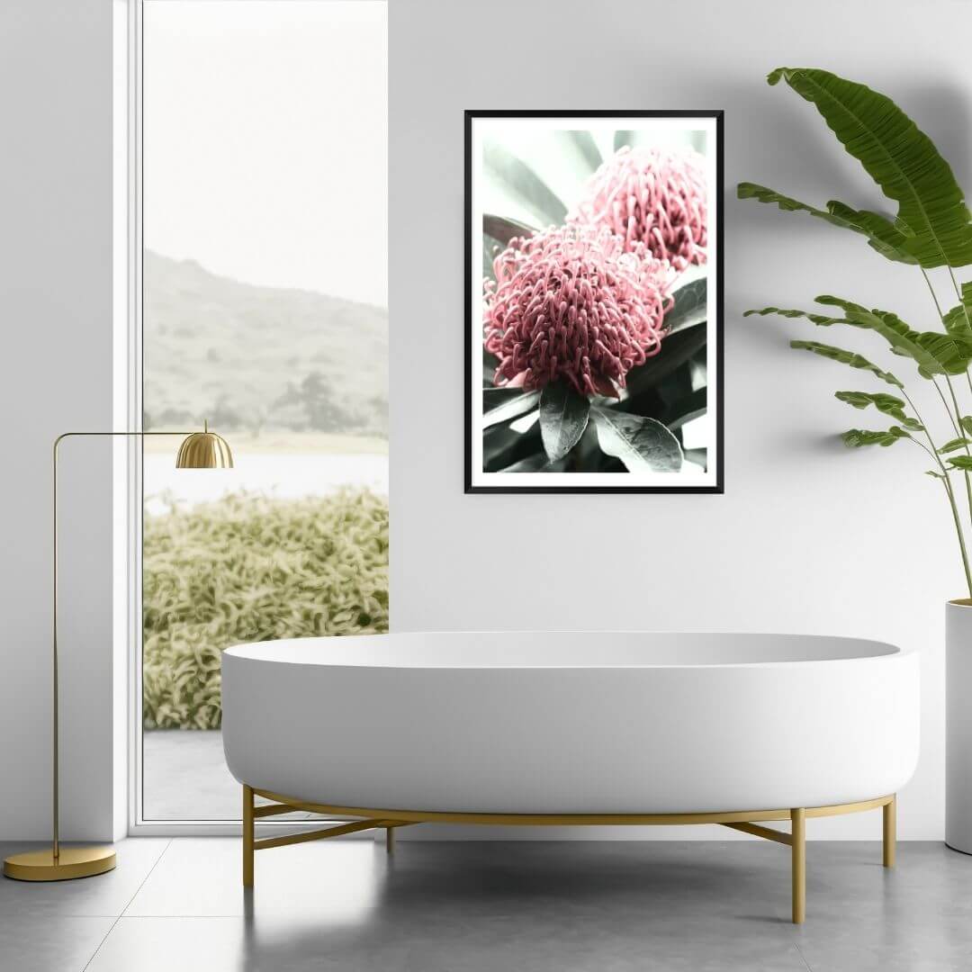 2 Australian Native Waratah Flowers B Wall art photo print with a black frame to decorate your bathroom by Beautiful Home Decor