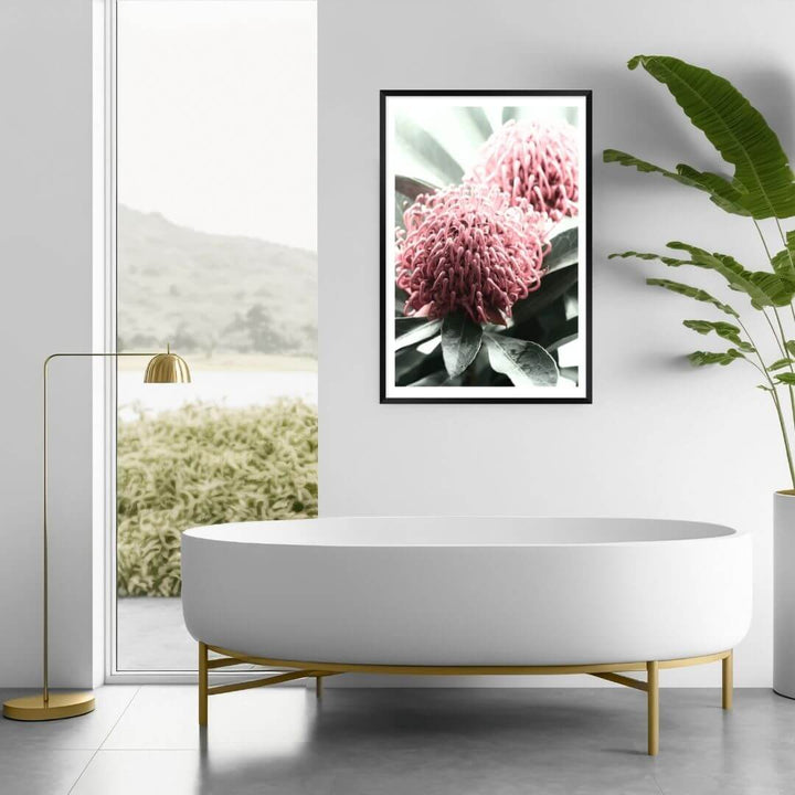 2 Australian Native Waratah Flowers B Wall art photo print with a black frame to decorate your bathroom by Beautiful Home Decor