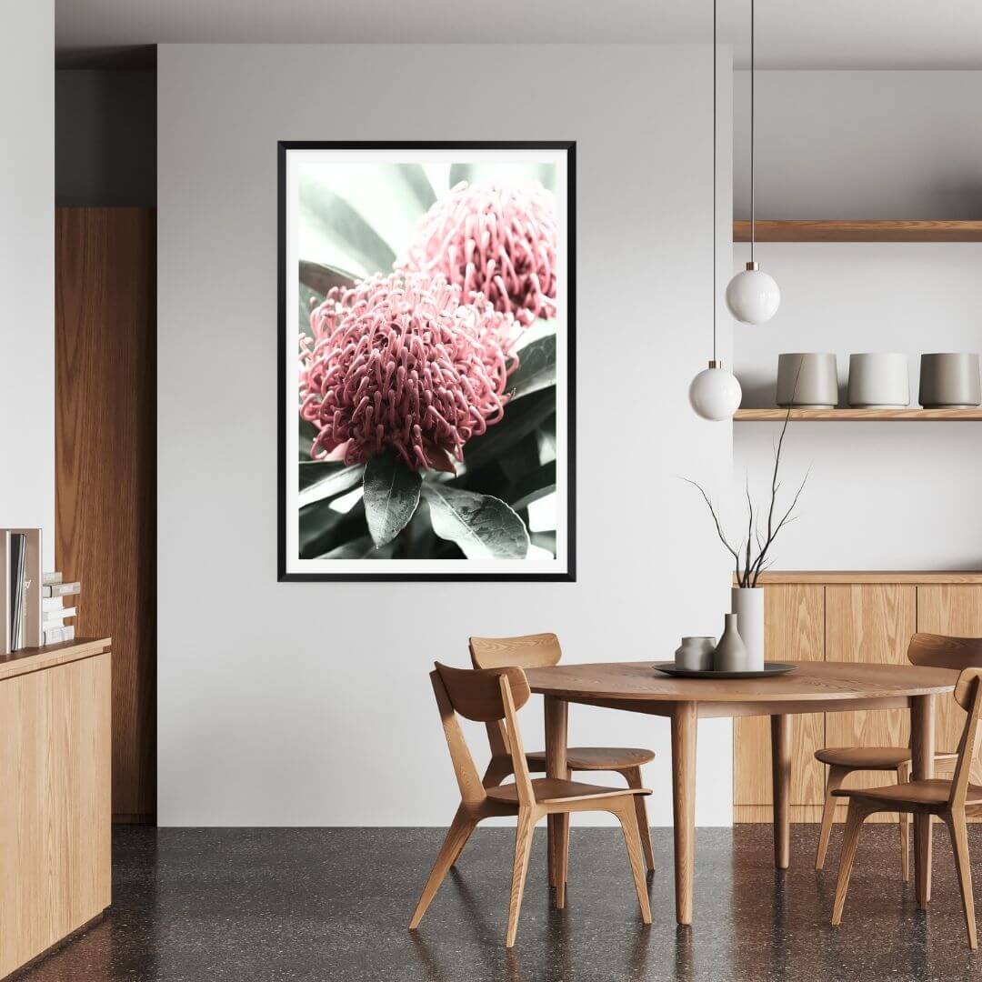 2 Australian Native Waratah Flowers B Wall art photo print with a black frame to style a coastal Australian dining room