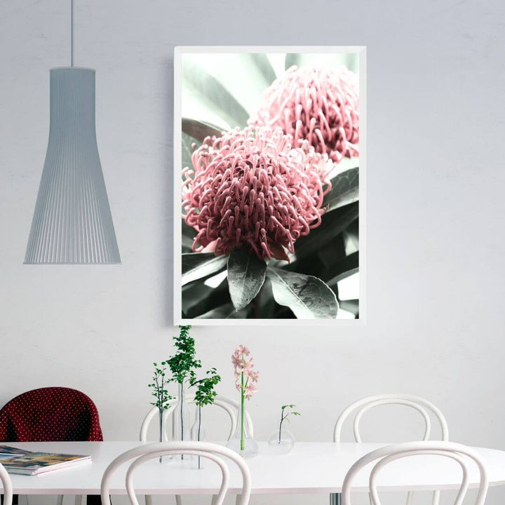 2 Australian Native Waratah Flowers B Wall art photo print with a white frame or unframed for your dining room, a native Australian wall art