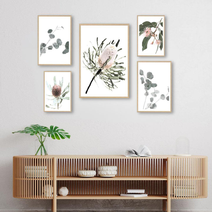 A wall art gallery set of Australian Natives prints to decorate your hallway walls