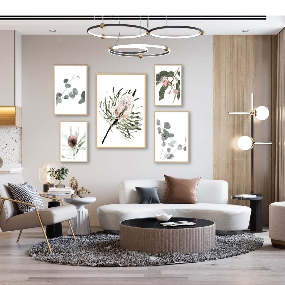 A gallery wall art set of 5 Australian Natives Flowers framed or unframed for your living room