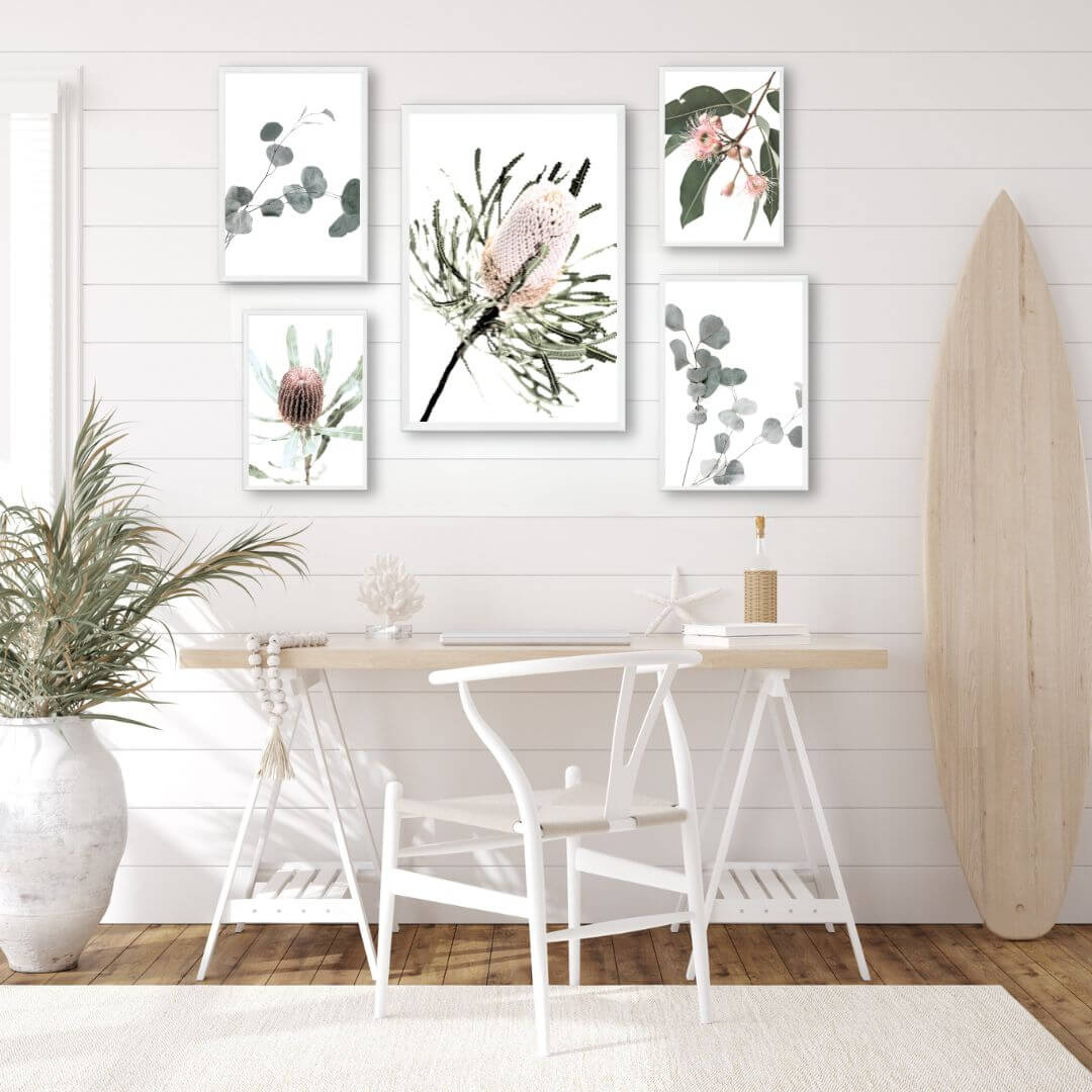 A set of 5 Australian Natives prints without a border in a wall art gallery wall to decorate your empty walls