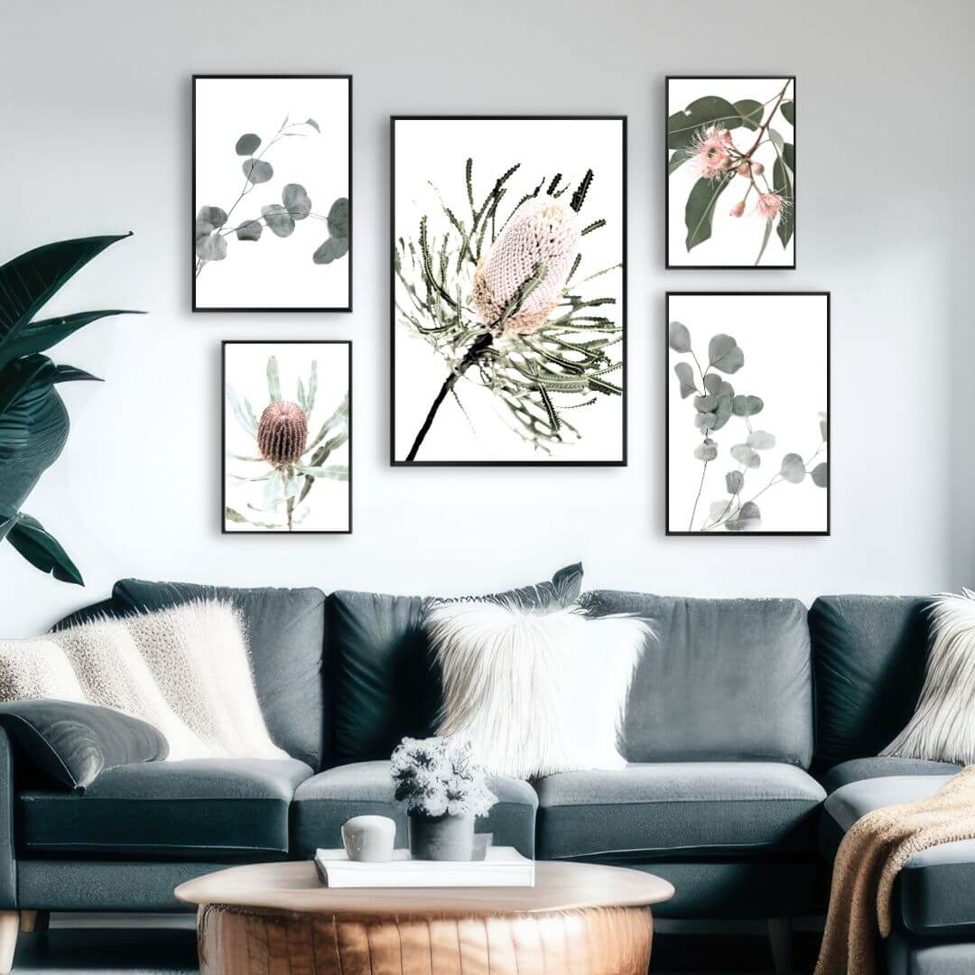 A wall art prints set of 5 Australian Natives in a wall art gallery wall to decorate the walls in your home
