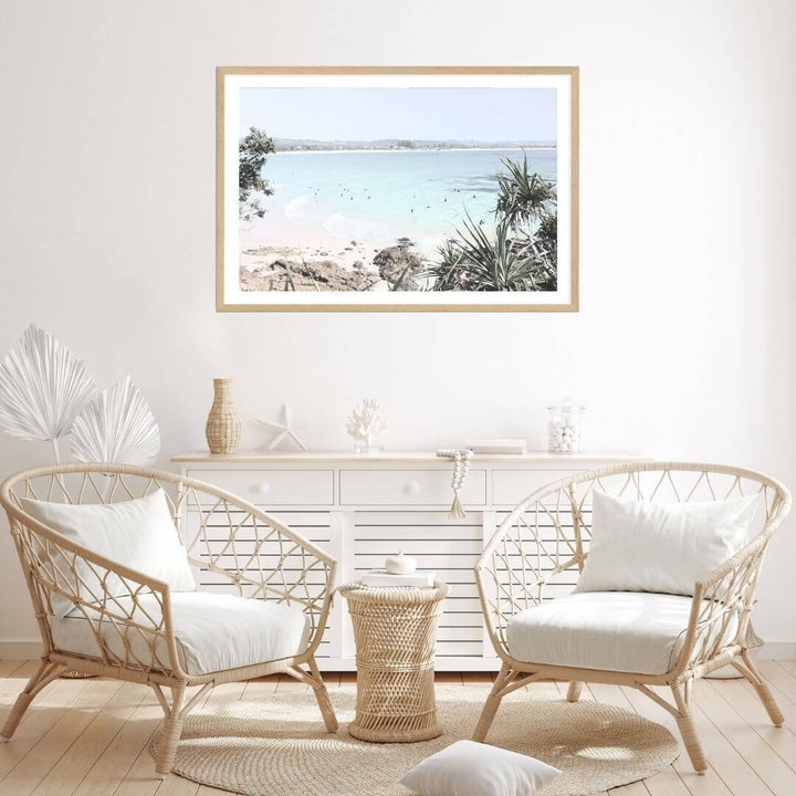 A wall art photo print of a Australian Watego Surf Beach B with a timber frame for the living room by Beautiful Home Decor