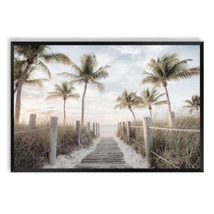 A coastal wall art photo print of a pathway to a beach on the keys Florida with palm trees with a black frame, no white border at Beautiful Home Decor